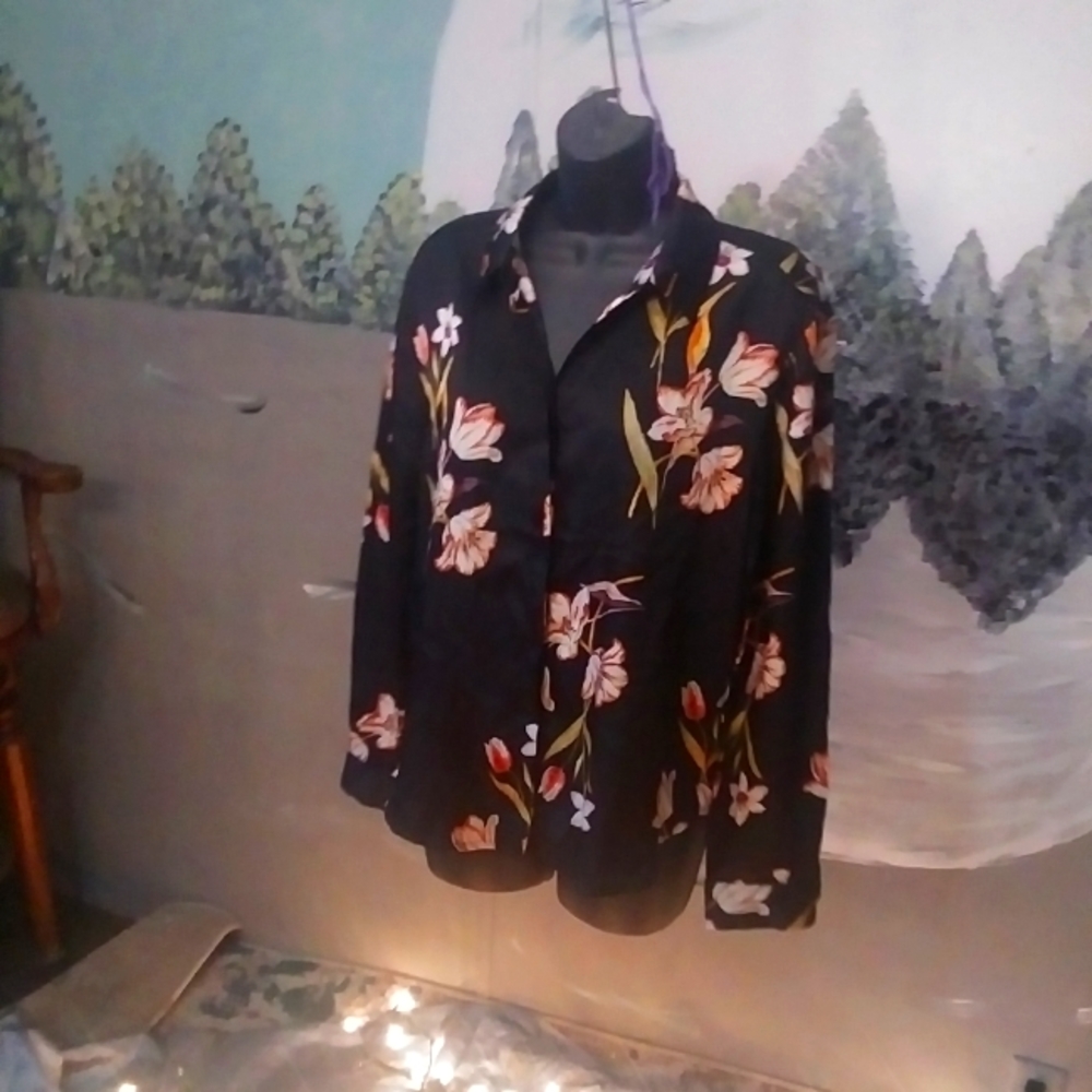 Black silk floral blouse